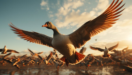 Seagull spreads wings, soaring in sunset tranquil beauty of nature generated by artificial intelligenceの素材