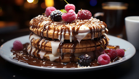 Freshness and sweetness on a plate, homemade pancake with raspberry generated by artificial intelligenceの素材