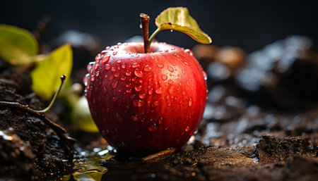 Freshness of nature gourmet, ripe apple, wet with dewdrop reflection generated by artificial intelligenceの素材