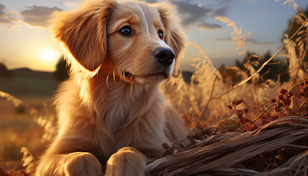 Cute puppy sitting in grass, looking at sunset, playful nature generated by artificial intelligenceの素材