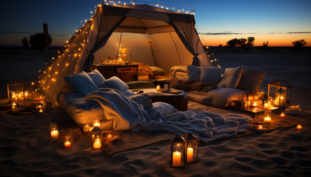 Night sand vacations relaxation dusk nature candle camping tent flame illuminated generated by artificial intelligenceの素材