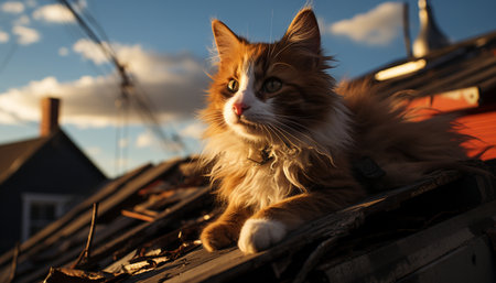 Cute domestic pets, a young kitten and fluffy puppy playing generated by artificial intelligenceの素材