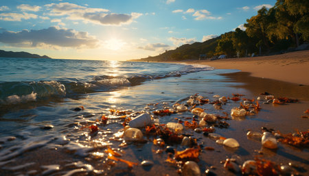 Tranquil scene, sunset over water, coastline, sand, relaxation, beauty generated by artificial intelligenceの素材