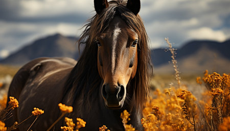 Beautiful horse grazing in a meadow, enjoying the rural scenery generated by artificial intelligenceの素材