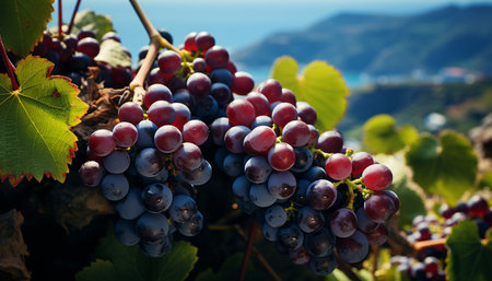 Grape vineyard, autumn harvest, organic winemaking, refreshing sunset, generative AI generated by artificial intelligenceの素材