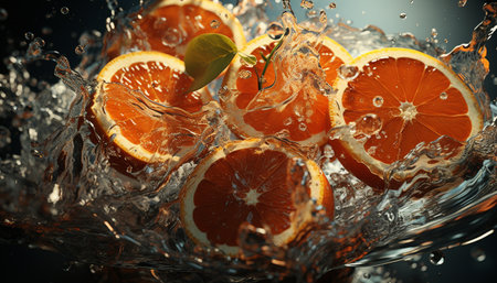 Freshness of citrus fruit, slice of lemon, wet and juicy generated by artificial intelligenceの素材