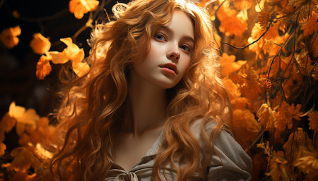 A beautiful caucasian woman, with long blonde hair, smiling in nature generated by artificial intelligenceの素材