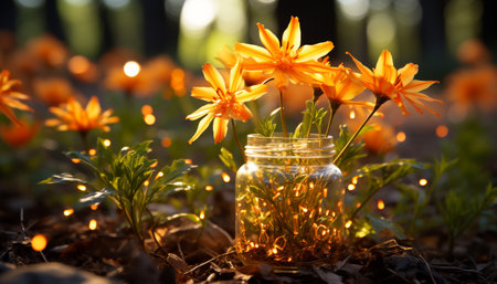 Vibrant flowers blossom in a jar, bringing nature beauty indoors generated by artificial intelligenceの素材