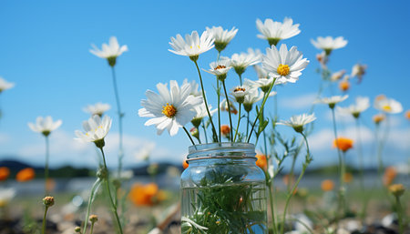 Summer meadow, fresh daisies bloom in nature beauty generated by artificial intelligenceの素材