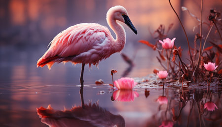 A pink egret wades in a tranquil pond at sunset generated by artificial intelligenceの素材