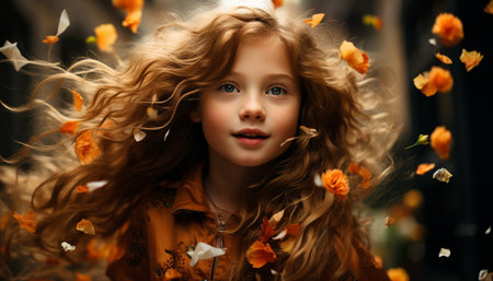 Smiling cute girls in autumn, enjoying nature beauty and happiness generated by artificial intelligenceの素材