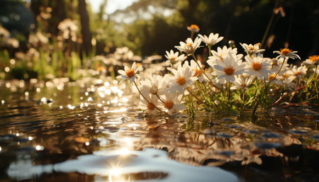 Vibrant chamomile blossom reflections in tranquil pond, nature beauty generated by artificial intelligenceの素材