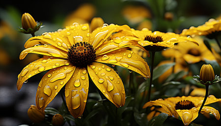 A vibrant yellow daisy, fresh with dew, in a green meadow generated by artificial intelligenceの素材