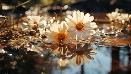 A bright yellow daisy blossom reflects on a tranquil pond generated by artificial intelligenceの素材