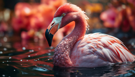 A vibrant pink flamingo wades in a tranquil blue pond generated by artificial intelligenceの素材