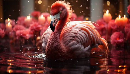 A vibrant pink bird with a multi colored feather in tropical climate generated by artificial intelligenceの素材