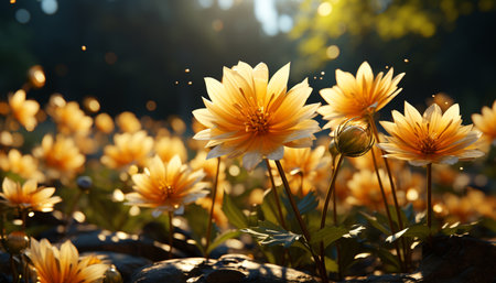 A vibrant yellow daisy blossoms in the tranquil summer meadow generated by artificial intelligenceの素材
