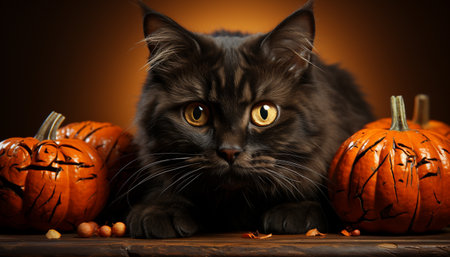 Cute kitten with pumpkin, celebrating spooky Halloween in autumn night generated by artificial intellingenceの素材