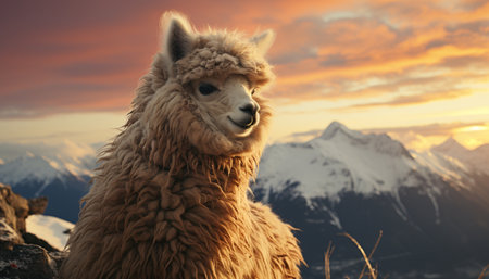 Alpaca grazes on mountain meadow, fluffy fur glistening in sunlight generated by artificial intelligenceの素材