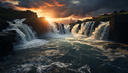 Tranquil scene: Majestic sunset over the flowing water and rocky landscape generated by artificial intelligenceの素材