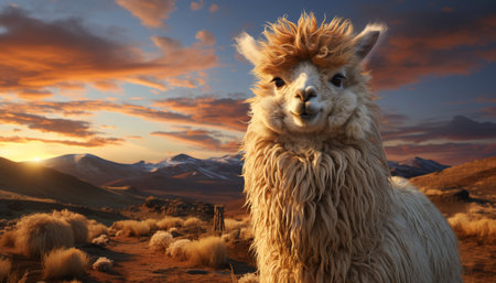A fluffy alpaca grazes in the meadow, bathed in sunset generated by artificial intellingenceの素材