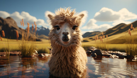 A cute alpaca smiles, grazing in a green meadow under sunset generated by artificial intelligenceの素材