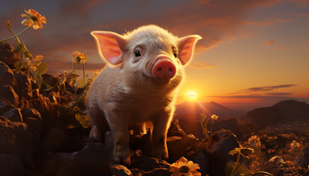 Cute piglet grazing on a sunny meadow at sunset generated by artificial intelligenceの素材