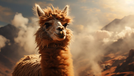 A fluffy alpaca smiles at the camera in the mountains generated by artificial intelligenceの素材
