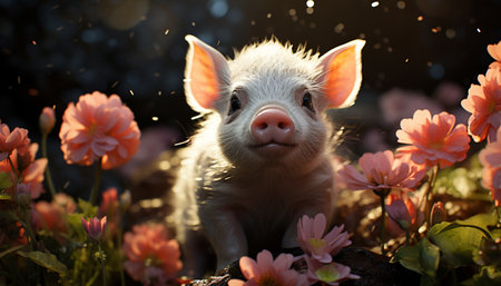 A cute piglet in a meadow, surrounded by beautiful flowers generated by artificial intelligenceの素材