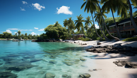 Idyllic tropical coastline, turquoise waters, palm trees a paradise vacation generated by artificial intelligenceの素材