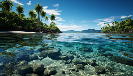 A tranquil scene of turquoise water, palm trees, and paradise generated by artificial intelligenceの素材