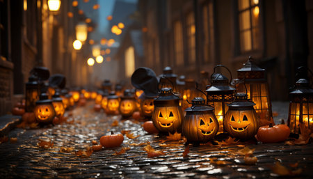A spooky Halloween celebration with glowing pumpkin lanterns and candlelight generated by artificial intelligenceの素材