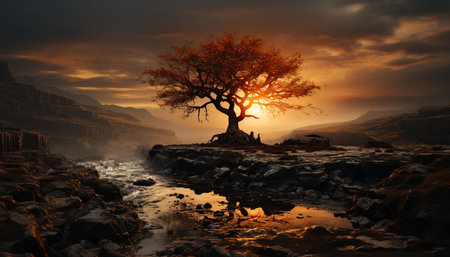 Tranquil scene: sunset paints sky, reflecting beauty in nature generated by artificial intelligenceの素材