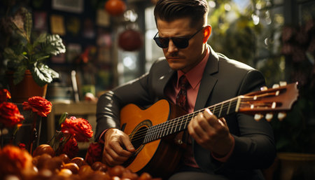 A young adult guitarist playing an acoustic guitar with confidence generated by artificial intelligenceの素材