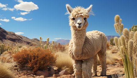 Cute alpaca smiling, looking at camera, in beautiful nature landscape generated by artificial intelligenceの素材