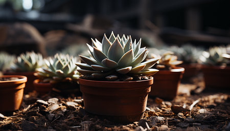 A fresh green leaf grows in a small terracotta pot generated by artificial intelligenceの素材