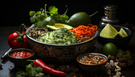 Freshness and spice in a healthy guacamole bowl of vegetables generated by artificial intelligenceの素材