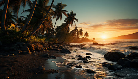 A tranquil scene of a tropical coastline at sunset generated by artificial intelligenceの素材