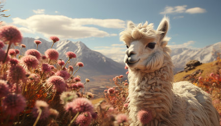 A cute alpaca grazing in the mountain meadow at sunset generated by artificial intelligenceの素材