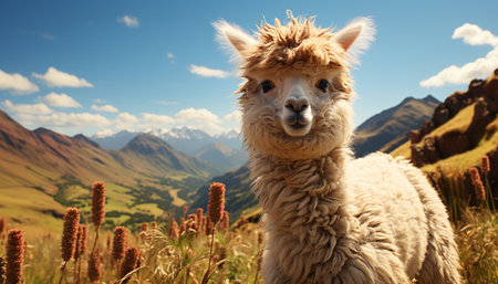 A cute alpaca grazing on green meadow, enjoying the outdoors generated by artificial intelligenceの素材