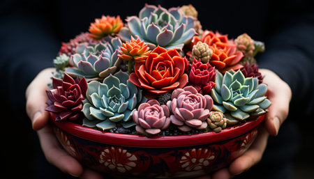 A woman hand holding a green succulent plant in a pot generated by artificial intelligenceの素材