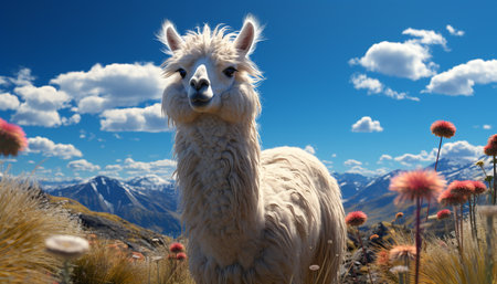 Fluffy alpaca grazes on mountain meadow, showcasing nature beauty generated by artificial intelligenceの素材