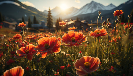 Vibrant sunset paints tranquil meadow with purple wildflowers in autumn generated by artificial intelligenceの素材