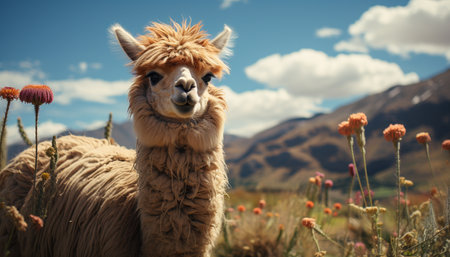 Cute alpaca grazing on green meadow, enjoying the summer sunlight generated by artificial intelligenceの素材