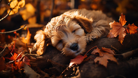 A cute puppy playing in the autumn forest, pure joy generated by artificial intelligenceの素材
