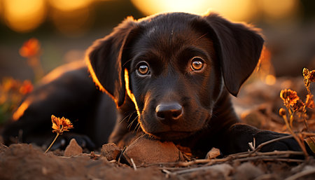 A cute puppy sitting in the grass, looking at camera generated by artificial intelligenceの素材