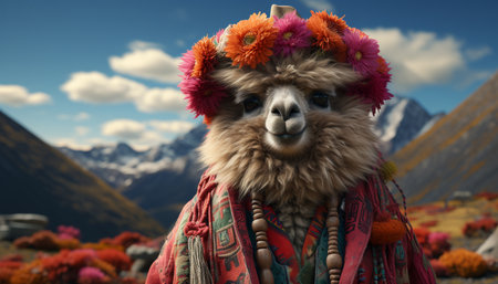 Cute alpaca with woolly fur in snowy mountain landscape generated by artificial intelligenceの素材