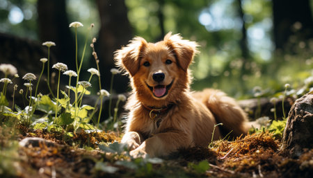 A cute puppy sitting in the grass, looking at camera generated by artificial intelligenceの素材