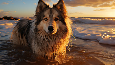 A cute puppy sitting by the water, enjoying the sunset generated by artificial intelligenceの素材
