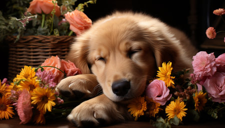 Cute puppy sitting in grass, surrounded by flowers, pure joy generated by artificial intelligenceの素材